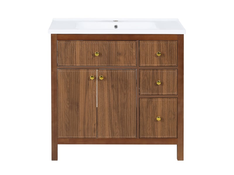  Meuble vasque 91 cm noyer, lavabo céramique, portes soft-close, tiroirs et étagères  - Conforama A
