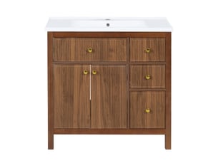 Meuble vasque 91 cm noyer, lavabo céramique, portes soft-close, tiroirs et étagères