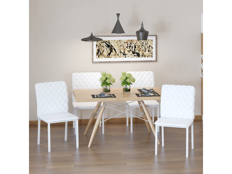  Lot 4 chaises salle à mangercuisine modernes, dossier haut surpiqûres losange, similicuir, pieds acier, blanches.  - Conforama D