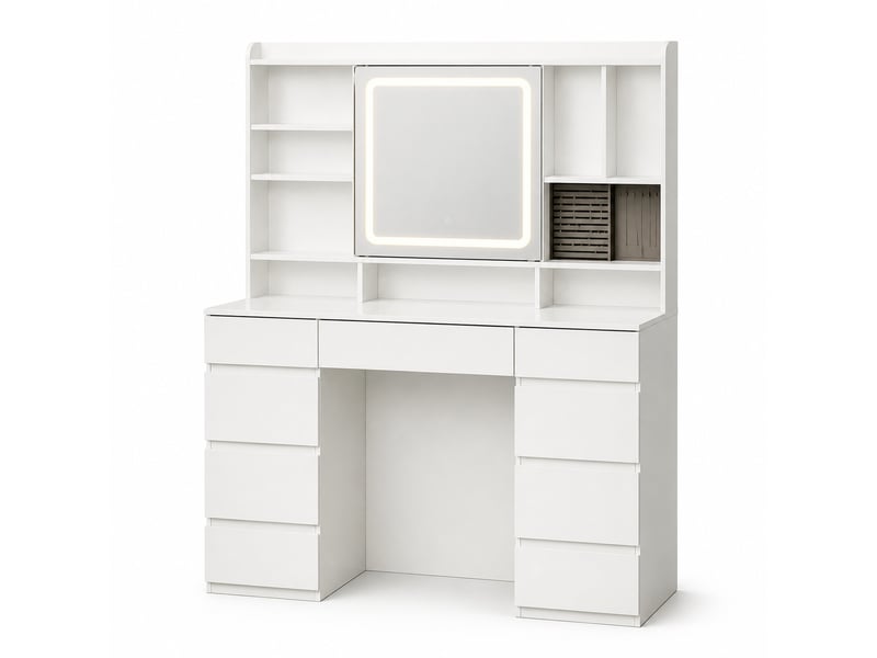  Coiffeuse 110x40x140 cm blanche en bois d'ingénierie et verre, miroir coulissant avec éclairage led  - Conforama A