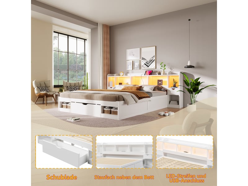  Lit double plateforme 180x200 cm en bois avec 3 tiroirs,lit coffre avec led et port usb,tête de lit bibliothèque,sans matelas,blanc  - Conforama D
