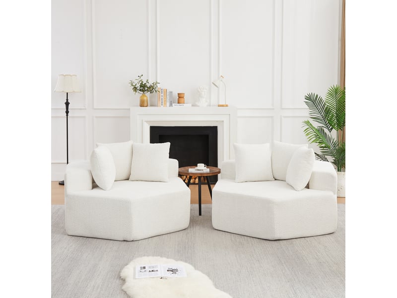  Canapé modulaire hexagonal avec trois coussins et dessous antidérapant en tissu bouclette chenille beige  - Conforama B