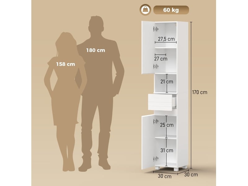  Colonne de salle de bain 30 x 30 x 170 cm – blanche brillante – 2 portes, tiroir et étagères réglables  - Conforama C