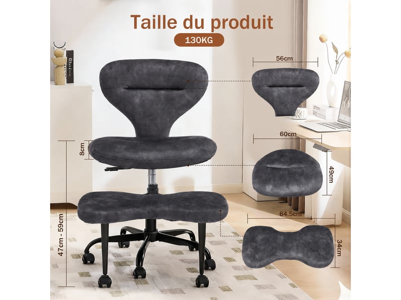  Chaise méditation et yoga réglable en tissu gris avec roulettes silencieuses  - Conforama C