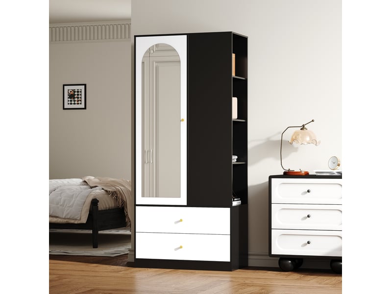  Armoire penderie 1 porte miroir avec 2 tiroirs et 4 étagères 80 x 40 x 180 cm  - Conforama B
