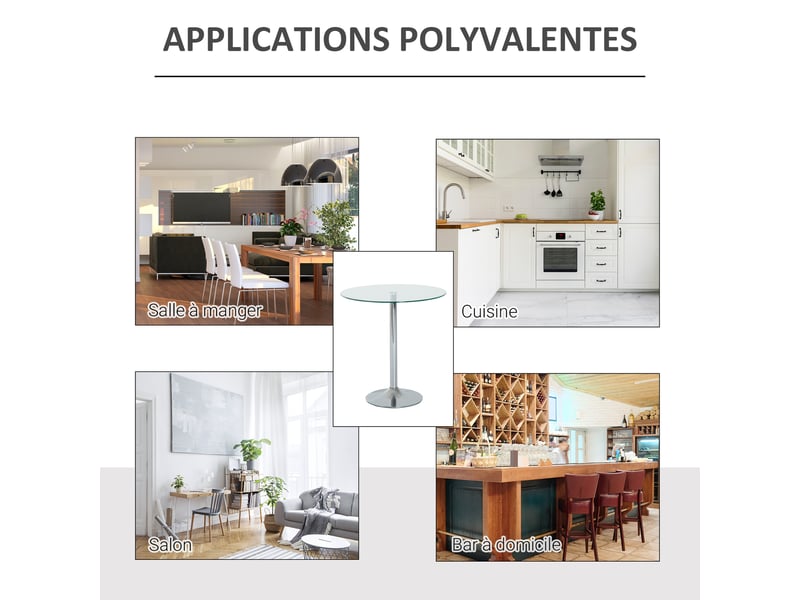  Table à manger ronde pour 2 personnes, argenté, table de cuisine moderne avec plateau en verre trempé et base en acier  - Conforama R