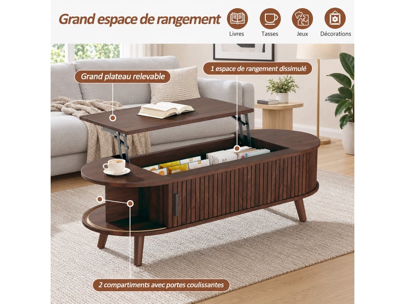  Table basse relevable 120 x 50 cm noyer en mdf, hauteur 39,5 à 53,5 cm, rangement caché et 4 pieds en bois  - Conforama B