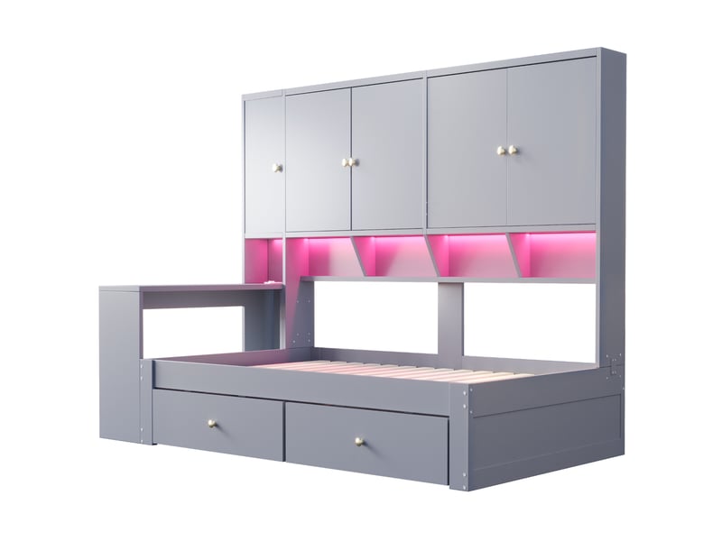  Lit enfant 90x200 cm lit simple avec bureau intégré et compartiments, tiroirs, éclairage led et prises, gris, sans matelas  - Conforama D