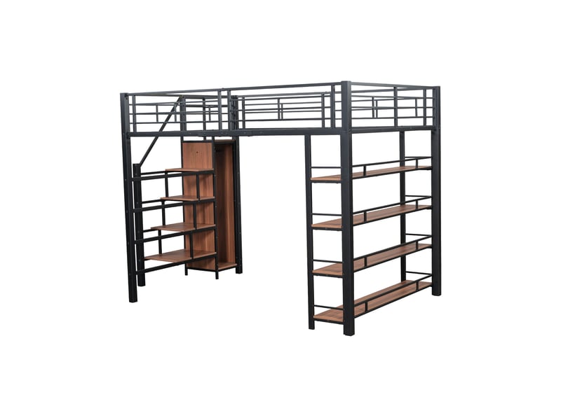 Lit mezzanine 140x200cm, lit enfant avec armoire, étagères, escalier et sommier, lit métal, noir, sans matelas - Conforama A