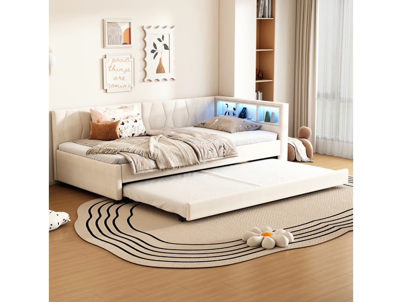  Lit gigogne 90x200 cm avec lit d'appoint, usb-c et led en lin beige  - Conforama C