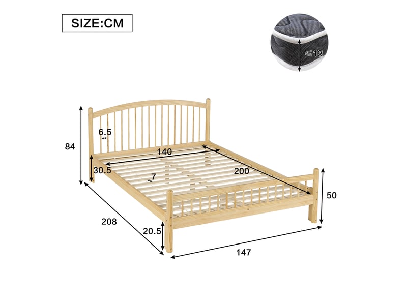  Lit en bois massif 140x200 cm naturel, tête à lattes, design minimaliste et sommier stable  - Conforama B