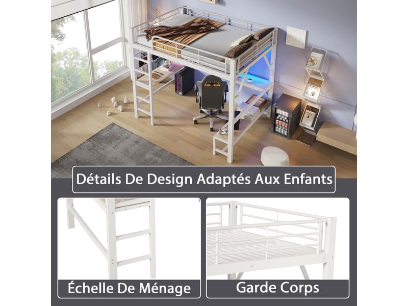 Lit mezzanine 160 x 200 cm – avec bureau - barrières de sécurité et échelle – avec ports usb et type-c – avec éclairage led – blanc(matelas non inclus) - Conforama R