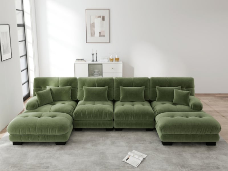  Canapé modulable en u 4 places avec 2 poufs mobiles, chenille vert, assise profonde  - Conforama B