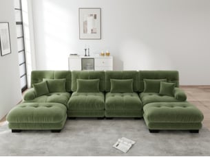 Canapé modulable en u 4 places avec 2 poufs mobiles, chenille vert, assise profonde