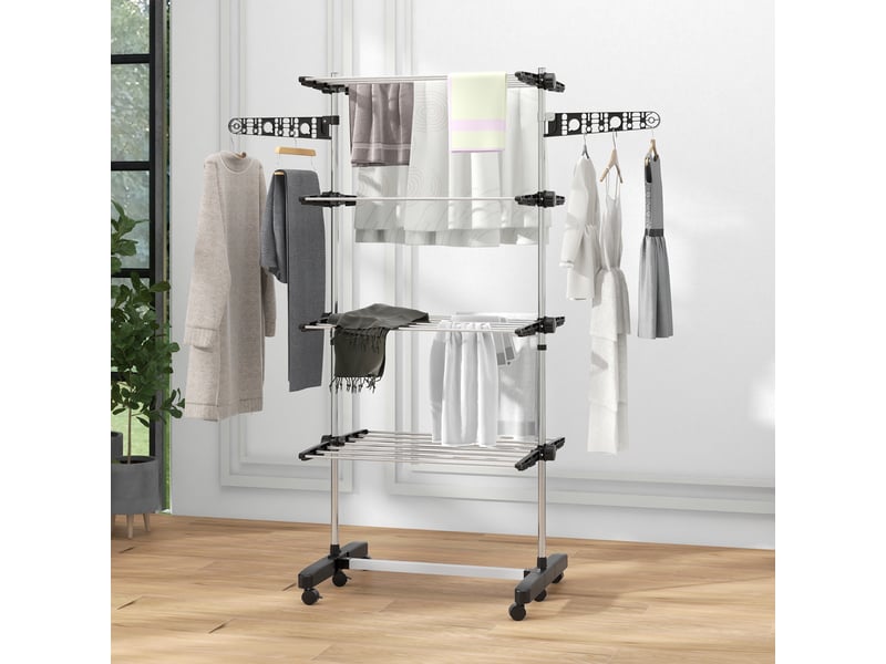  Séchoir à linge pliable avec ailettes latérales, pour une utilisation intérieure et extérieure, 142 x 55 x 172 cm, 4 niveaux, noir  - Conforama D
