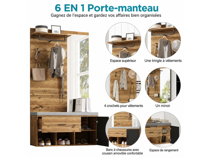  Meuble d’entrée avec miroir, banc rembourré, rangement et penderie 104 x 39 x 190 cm, chêne  - Conforama D
