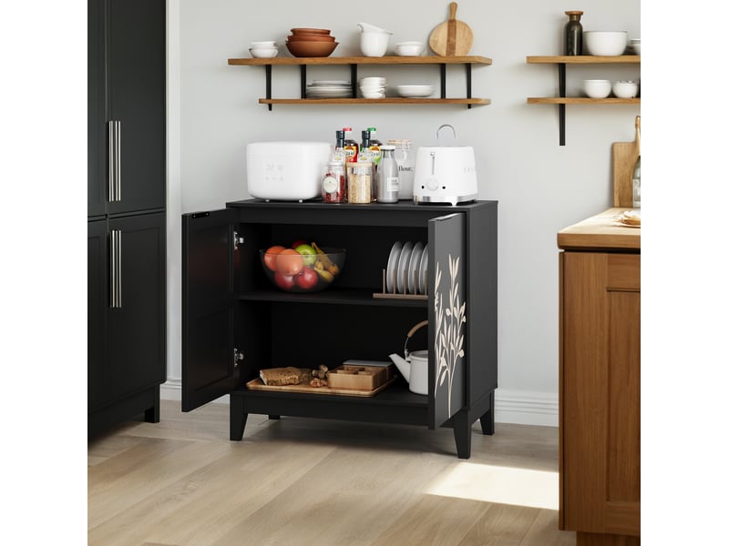 Buffet de rangement 80x38x76 cm, avec 2 portes à motif floral, pour salon, cuisine, salle à manger, mdf noir, élégant - Conforama E