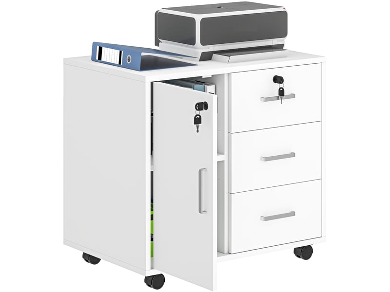  Classeur de bureau à 3 tiroirs et 3 étagères réglables, en bois, 60 x 40 x 56 cm, blanc  - Conforama A