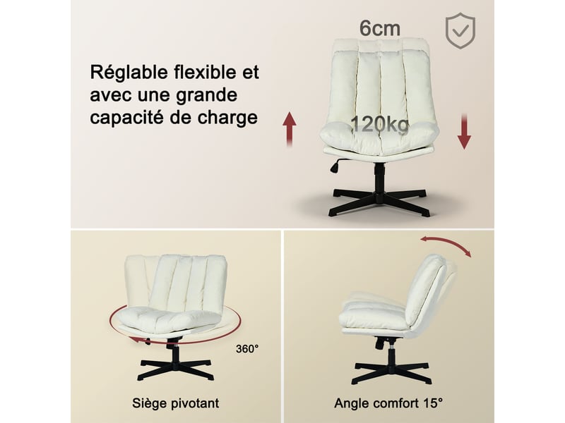 Fauteuil salon pivotant sur 360°, réglable en hauteur, sans accoudoirs, en tissu chenille, beige - Conforama D