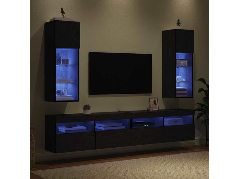 Lot de 2 meuble tv mural, meuble tv suspendu chêne noir bois d'ingénierie shl88589 - Conforama E