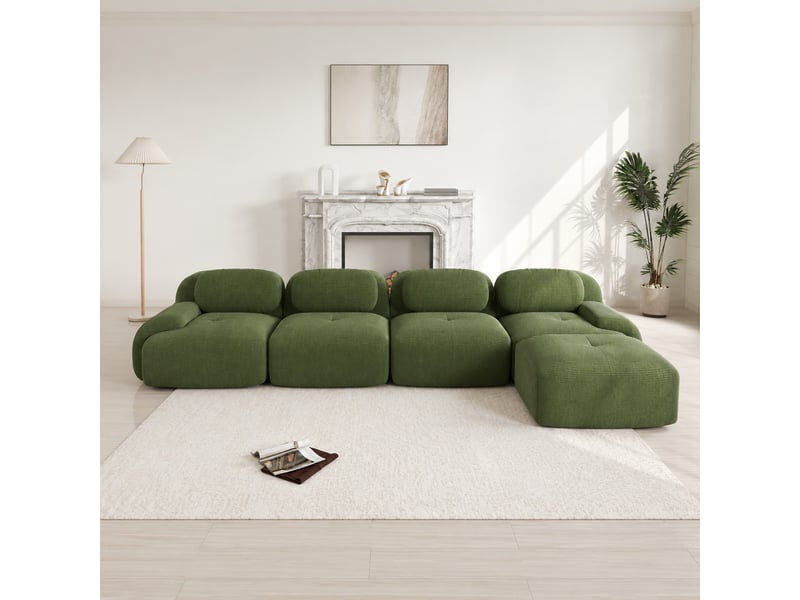 Canapé d'angle modenvie modulable 4 places avec méridienne droite velours côtelé vert 388 x 178 x 70 cm - Conforama E