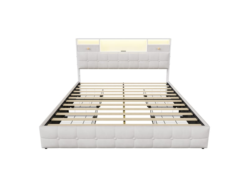  Lit 160x200 avec 4 tiroirs, lit adulte avec led rgb et ports de charge, lit double, tête de lit avec rangement intégré, tissu velours, moderne, beige  - Conforama A