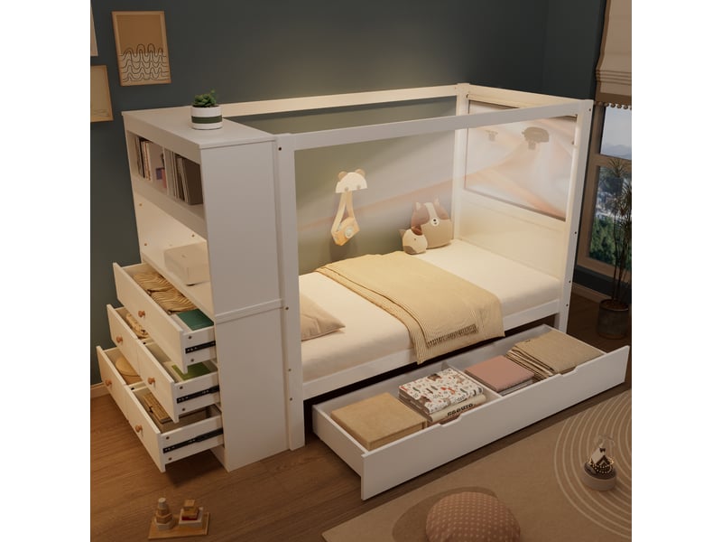 Modenvie lit enfant 90x200 cm - avec rangement, 5 tiroirs et barriere de securite, sans matelas - blanc  - Conforama D