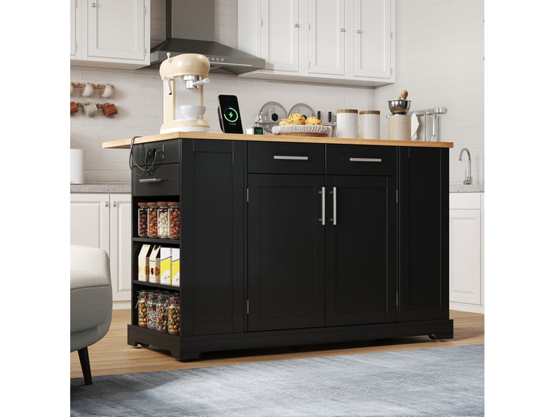  Desserte de cuisine mobile avec plateau rabattable, prises et espace poubelle coulissant, pour cuisine, noir naturel  - Conforama D