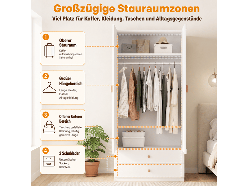  Armoire 200 x 90 x 45 cm avec poignées en bois massif, 1 penderie, 2 tiroirs et rangements, meuble moderne et fonctionnel pour chambre, chambre d’enfant ou bureau - blanc OPULERANE TRADING LTD - Conforama C