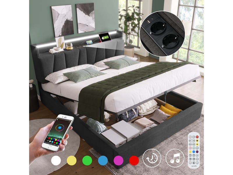  Lit coffre double,160x200 cm,avec led et usb,lin,gris  - Conforama E