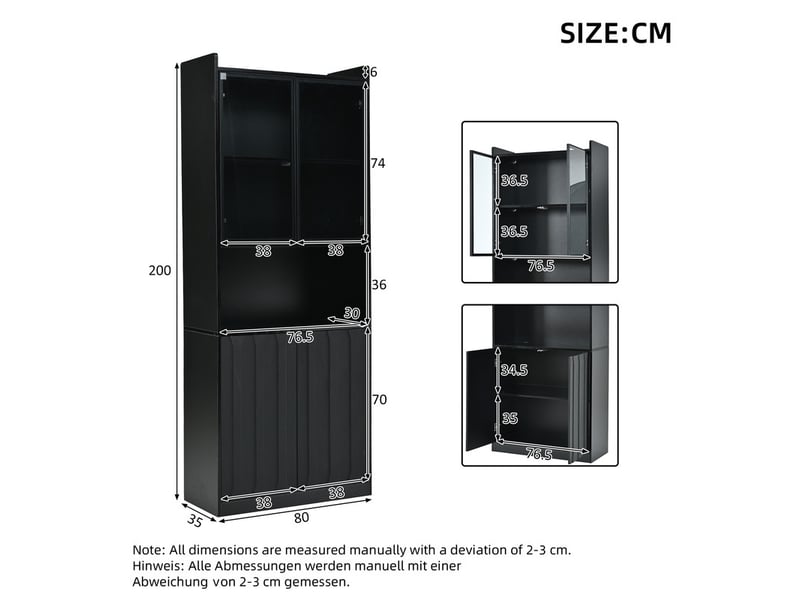  Vitrine avec portes vitrées, éclairage led et étagère ouverte,80 x 35 x 200 cm, noir  - Conforama C