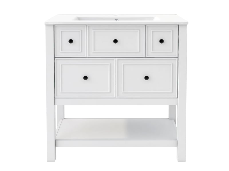  Meuble de salle de bain avec vasque céramique 5 tiroirs blanc 76x46,5x82,3 cm  - Conforama A