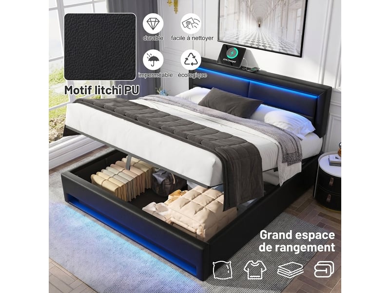  Lit capitonné 160x200 noir en simili cuir - chargeur usbsans fil led rangement  - Conforama D