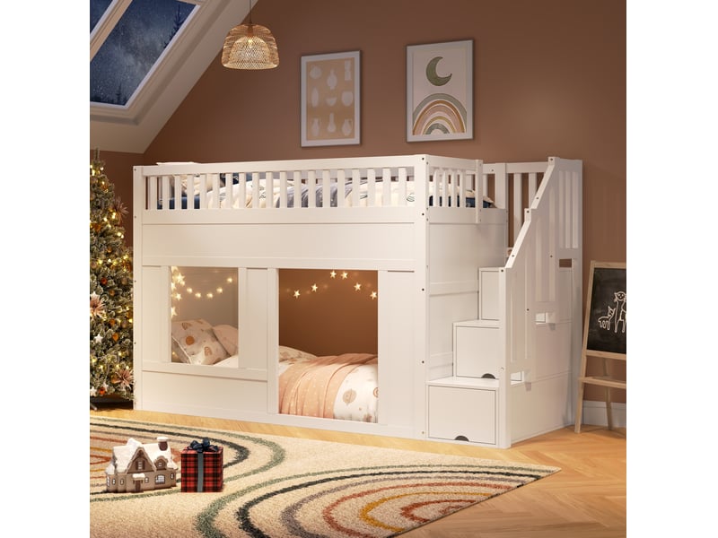 Lit superposé enfant 90x200 cm, avec escalier de rangement, un seul sommier, bois et mdf, blanc, sécurisé, sans matelas  - Conforama B
