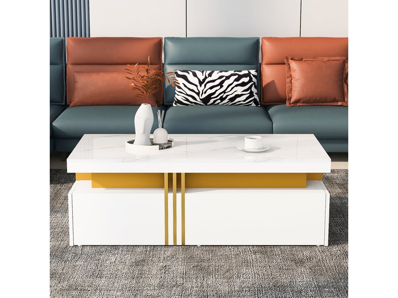 Table basse rectangulaire blanche brillante avec 2 tiroirs, plateau effet marbre, table de salon moderne 100x50x40 cm - Conforama C