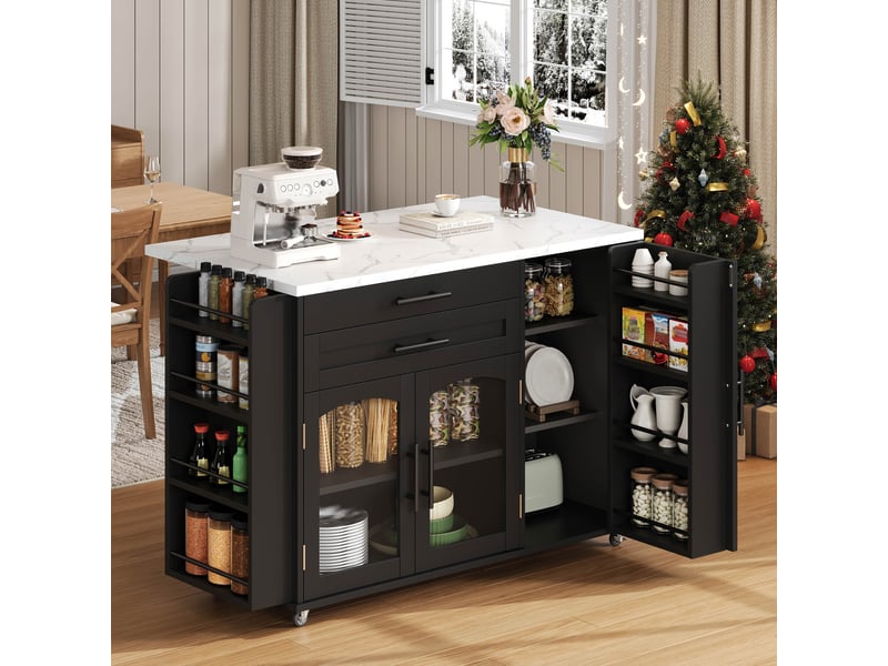  Îlot de cuisine mobile noir 138 x 70 x 90 cm – avec plan rabattable extensible 45-70 cm, 2 tiroirs, portes en verre trempé et 5 roues freinées TG Store - Conforama B