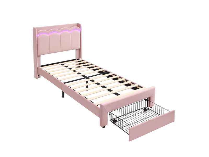 Lit simple 90x200 cm avec tiroir et led coloris rose - Conforama A