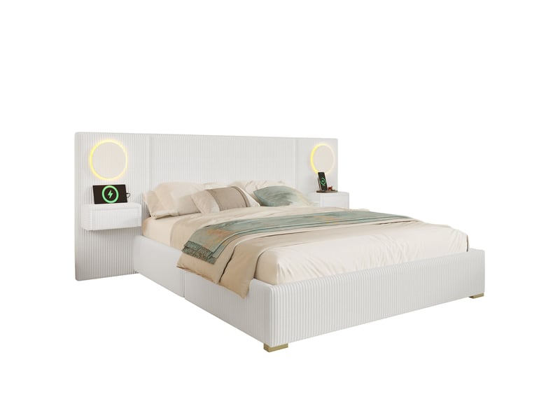  Lit rembourré 180 × 200 cm 2 places avec led réglable, usb, tiroirs de chevet, sans matelas, velours beige  - Conforama A