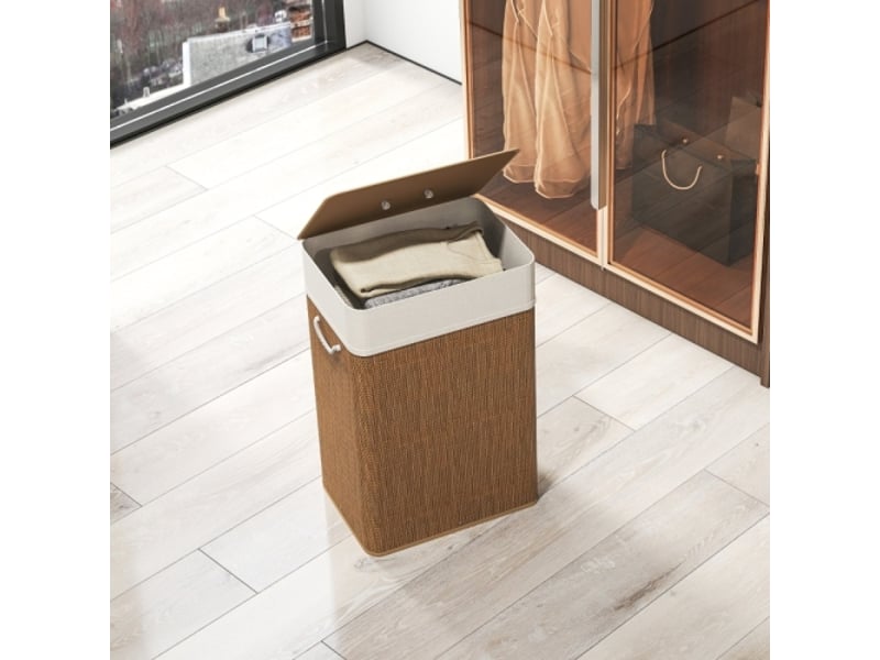  Panier à linge en bambou 72 l avec couvercle, sac amovible, poignées en corde, marron  - Conforama C