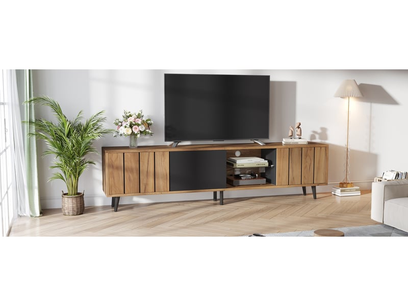  Meuble tv 175*31,5*45cm, meuble tv à trois compartiments, couleur bois d'origine + noir  - Conforama B