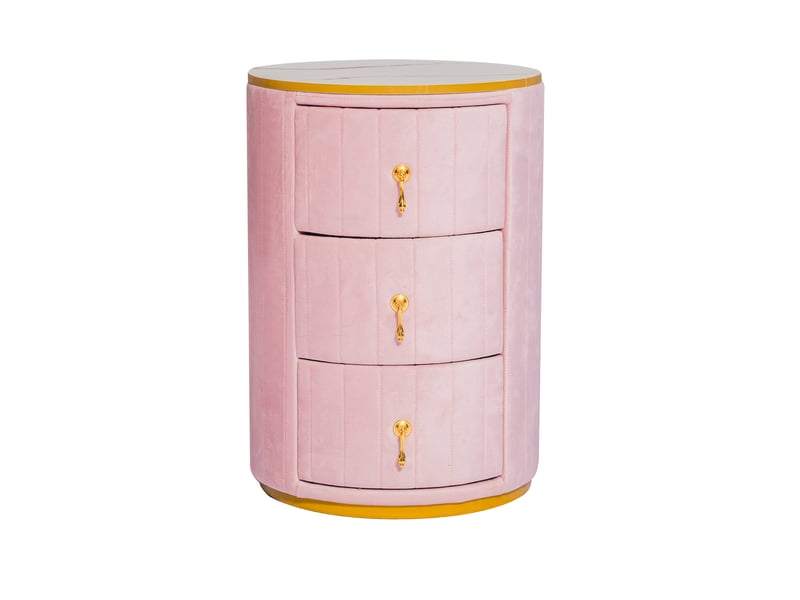  Table de chevet ronde avec 3 tiroirs pour chambre en mdf, métal et velours 40×40×52,5 cm rose  - Conforama A