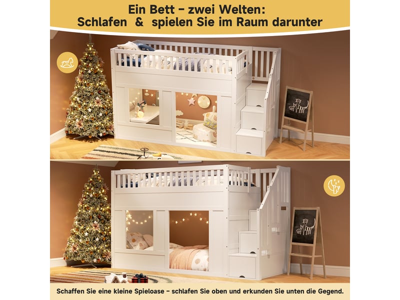 Lit mezzanine enfant multifonction 90x200 cm avec escalier de rangement et espace de jeu en dessous blanc - Conforama E