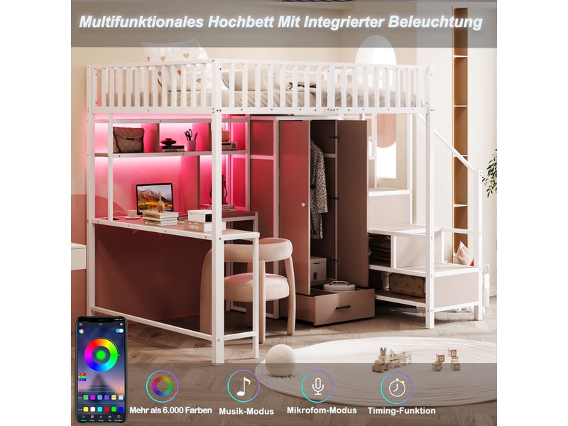 Lit enfant 140x200 cm avec éclairage led, lit mezzanine, lit double avec bureau et tiroirs, lit 2 personnes, blanc - Conforama R