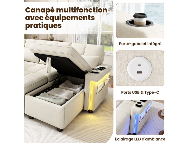 Canapé d'angle en u convertible, 2 méridiennes coffre, led, usbtype-c, dossier réglable, porte-gobelets, chenille beige - Conforama E