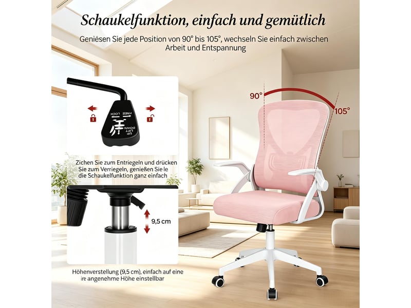  Chaise de bureau ergonomique 47 x 42 x 102-111,5 cm - fauteuil de bureau pivotant avec accoudoirs pliables - dossier en tissu maille respirant - rose  - Conforama E
