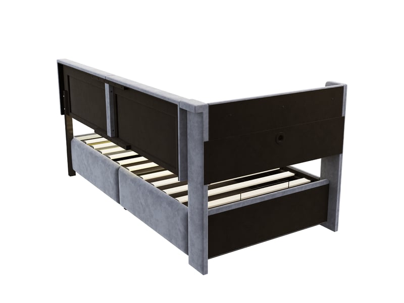  Canapé convertible une place avec coffre hydraulique éclairage intégré et ports de recharge en velours gris clair  - Conforama E