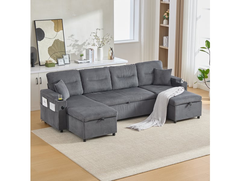 Canapé convertible 4 places à double méridienne avec rangements, gris anthracite  - Conforama C