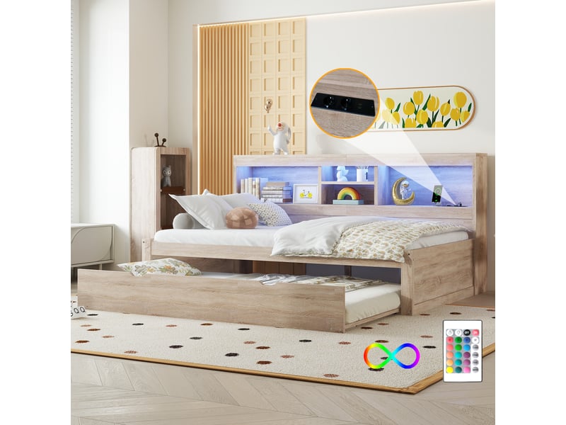  Lit banquette 90x200 lit gigogne bois naturel avec led et ports usb  - Conforama D