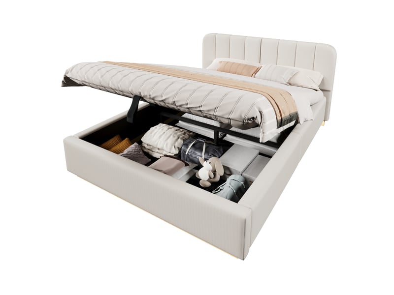  Lit coffre hydraulique 140x200 cm rembourré en chenille beige avec tête de lit, led intégrée et sommier à lattes Morn Vibe - Conforama A