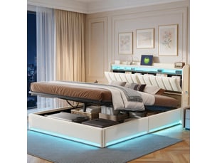 Lit coffre 140x200 cm avec led et usb,lit double rembourré , rangement de tête de lit ,hydraulique, velours, beige